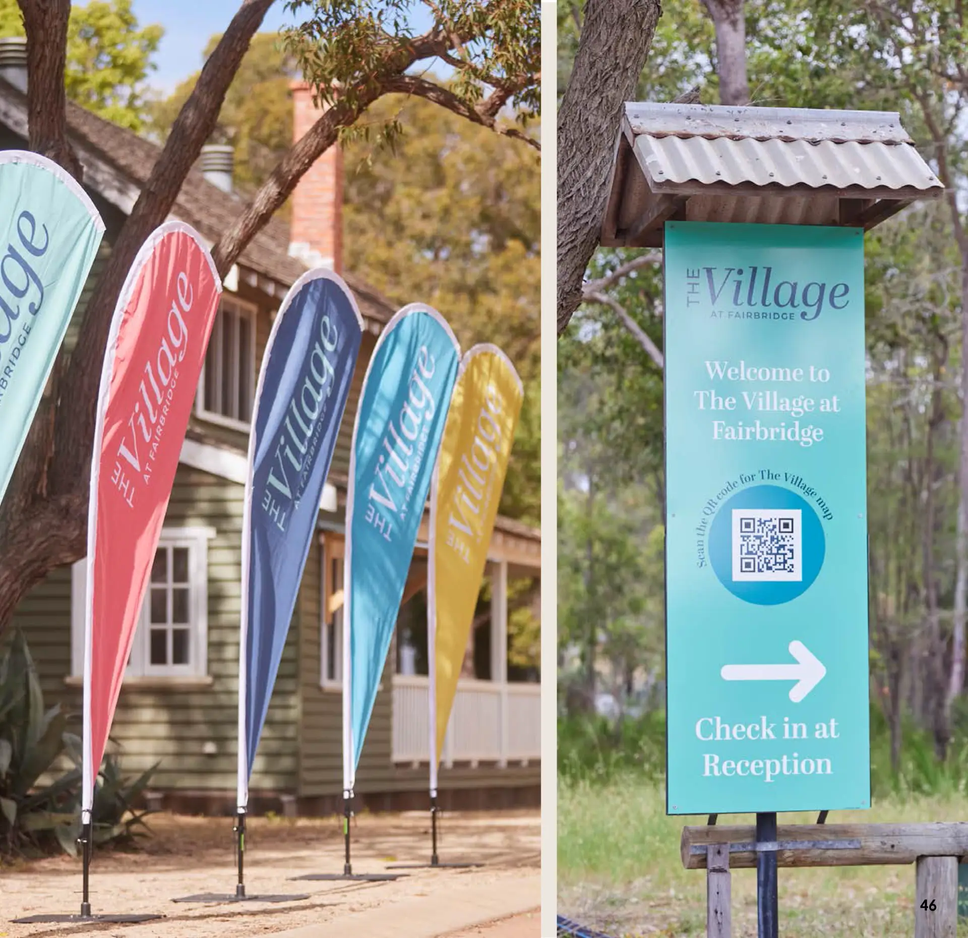 A colorful display of flags and signs welcoming visitors to Fairbridge Village